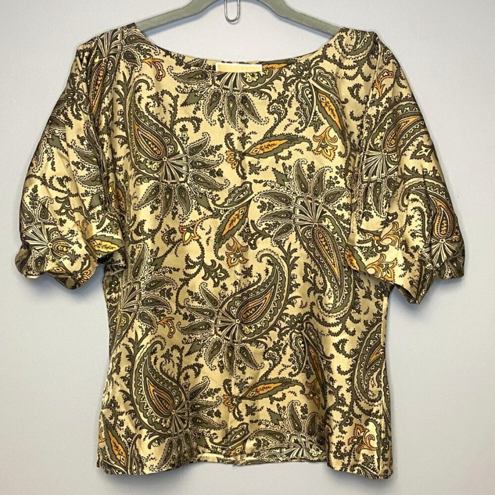 Michael Kors 100% Silk Tan/Green Paisley Balloon Sleeve Blouse Women's Size S